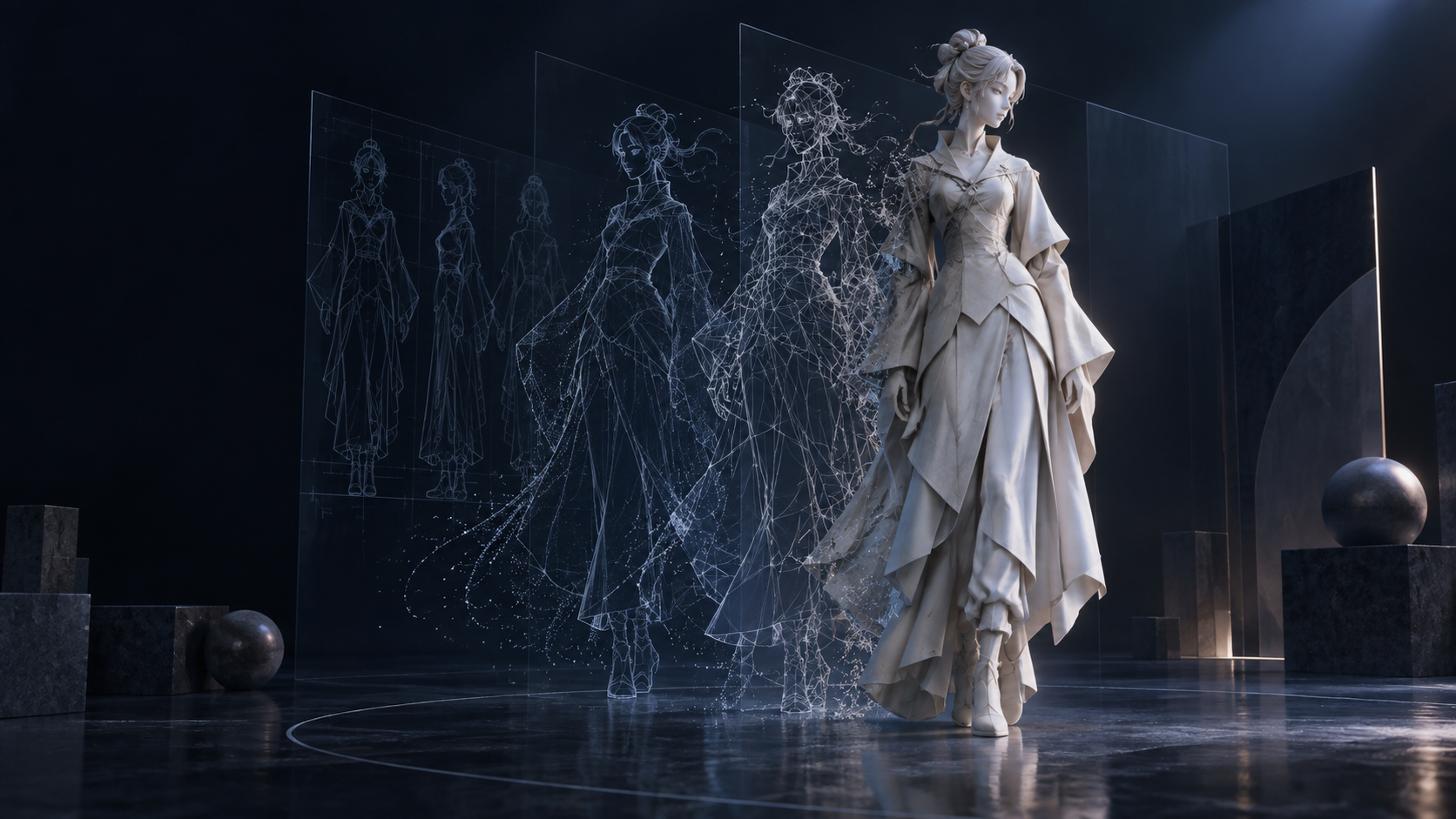 設定画の線からワイヤーフレームを経て白い3D原型へ変化するフィギュア造形のイメージ